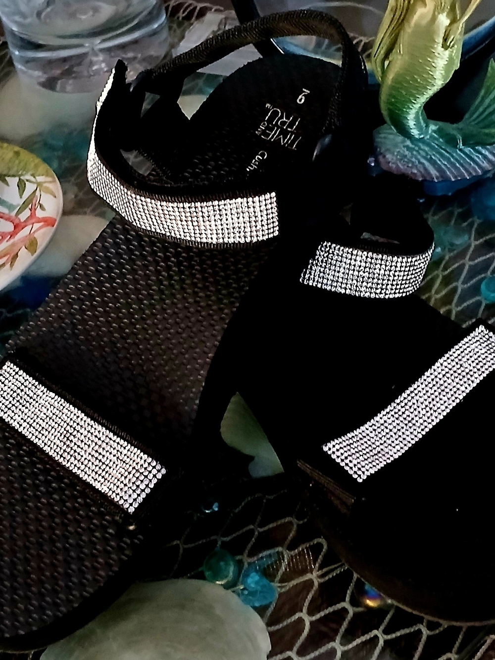 Time and Tru Black Rhinestone Strap Sandals
